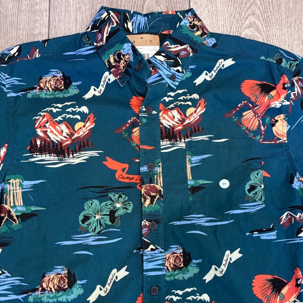Eddie Bauer‎ Baja Shirt Mens Medium Teal Camp Life Nature Print Button Up Casual